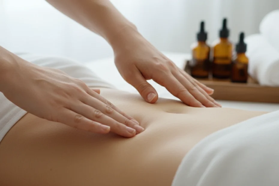 Primer plano descriptivo de una sesión de linfático manual aplicada en el abdomen para activar el sistema linfático de manera natural. Se observa la técnica de tracción suave característica del masaje linfático profesional, diseñada para estimular los vasos linfáticos y mejorar la circulación linfática en un paciente relajado, evidenciando un tratamiento de salud integrativa realizado por expertos en masoterapia.