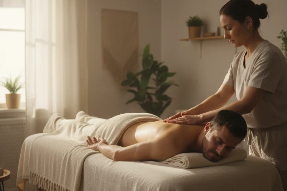 Imagen de una sesión de masaje holístico realizada a domicilio, donde un masoterapeuta aplica técnicas manuales sobre la espalda del paciente en un ambiente tranquilo, con luz cálida y aceites aromáticos, representando los beneficios del masaje holístico para el equilibrio entre cuerpo, mente y bienestar emocional.